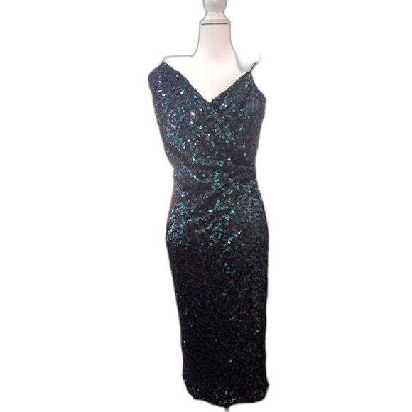 Badgley Mischka Sequin Cocktail Dress Sz 6 Teal Blue V-Neck Sleeveless Party - Picture 5 of 13
